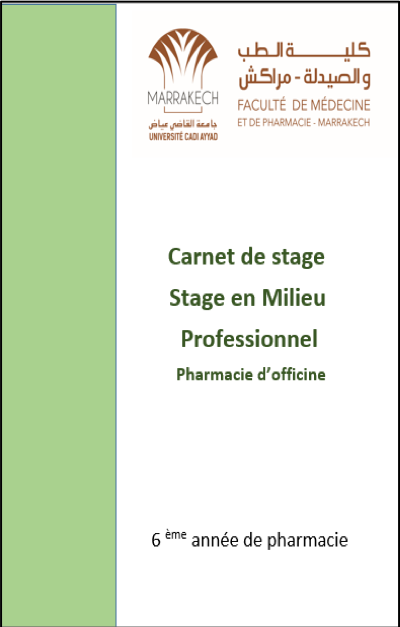 Couverture — Carnet de Stage : Stage en Milieu Professionnel — Pharmacie d'Officine (6ème année)